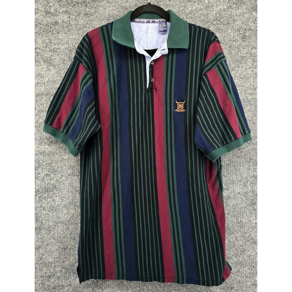 Vtg New River Polo Shirt Mens XL Green Multicolor Striped Crest 90s Heritage